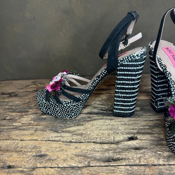 Betsey Johnson Marlo Platform Heels Women’s 7.5 Black Rhinestone Floral - Picture 7 of 14